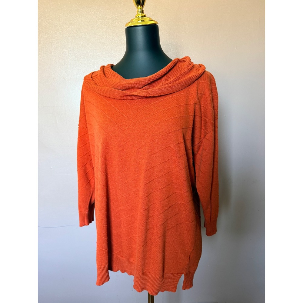 Hannah XL Orange Cowl Neck Sweater Cotton Bamboo‎ Rayon Chevron Knit 3/4 Sleeve